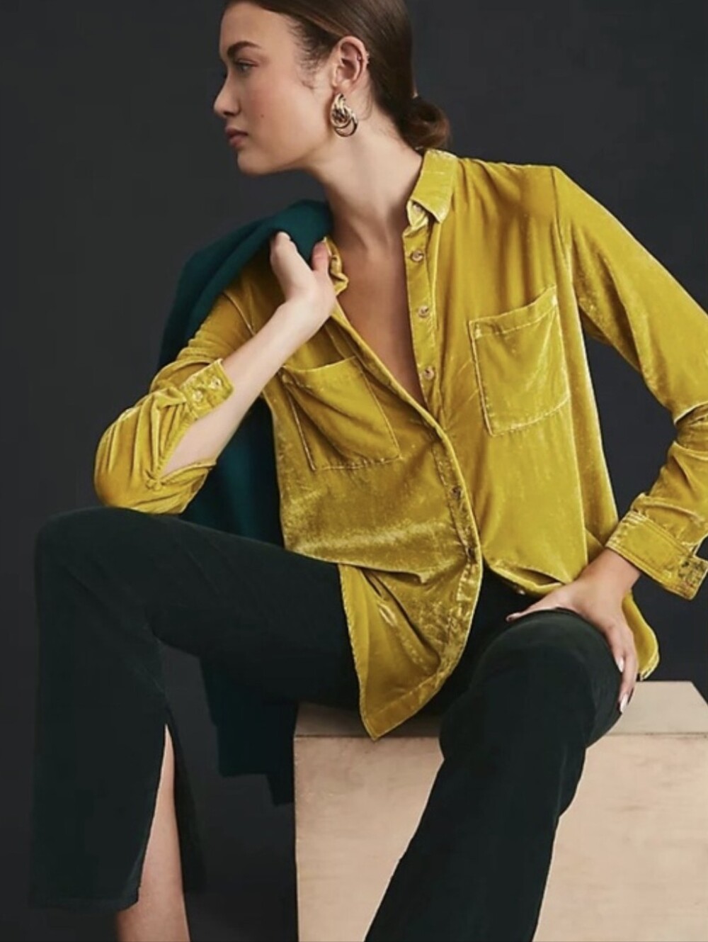 Anthropologie Maeve Karina Velvet Button down Shirt Gold Luxe Chartreuse Size 6